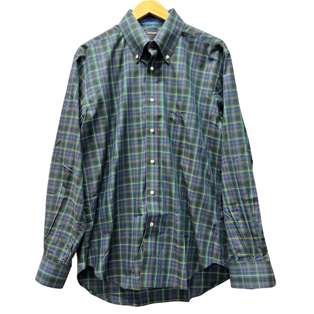 J McLaughlin Button‎ Down Mens Large Plaid Green Blue Long Sleeve Dress Shirt